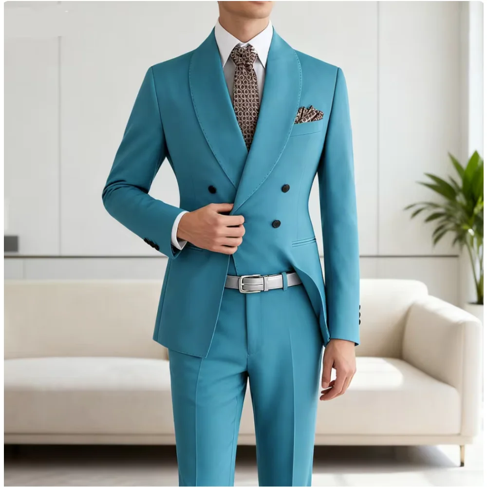 

New Style Men Suits Peaked Lapel Casual Business Wedding Groom Prom Terno Double Breasted Custom Made Blazer Sets Jacket Pants