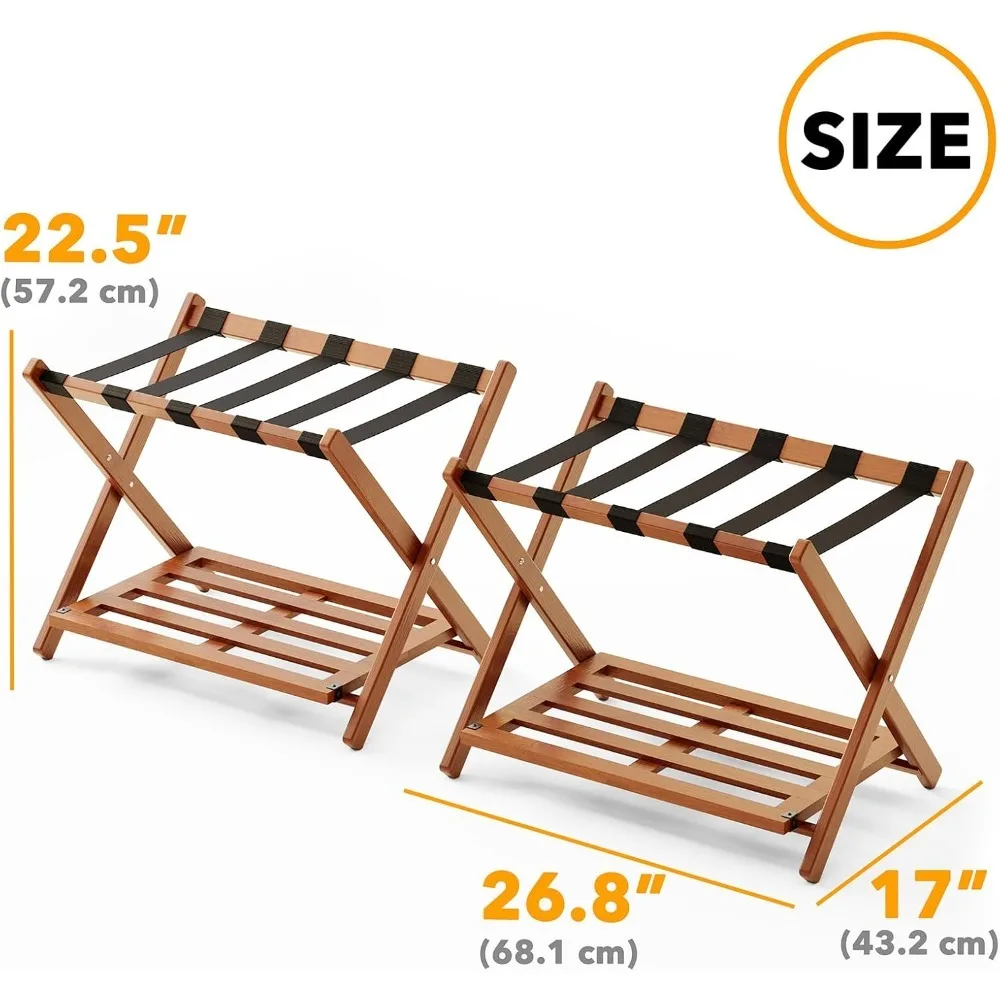 

Fully Assembled Bamboo Luggage Rack 2 Pack Foldable Suitcase Stand with Storage Shelf Heavy Duty for Guest Bedroom Hotel