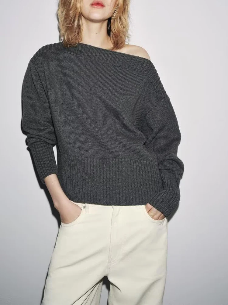 

Осенние новые поступления в европейском и американском стиле, женская одежда, дизайн, универсальный свитер с прямым воротником и длинными рукавами