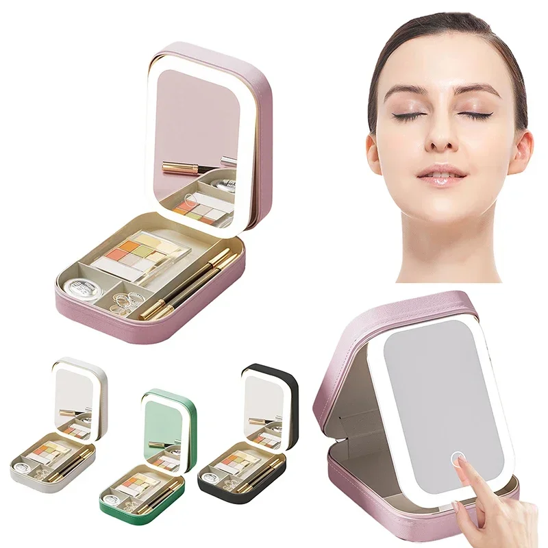 Travel PU Makeup Bag With LED Mirror And Light,Mirror Adjustable Brightness Smart LED Cosmetic Case Portable Gift For Girl Women
