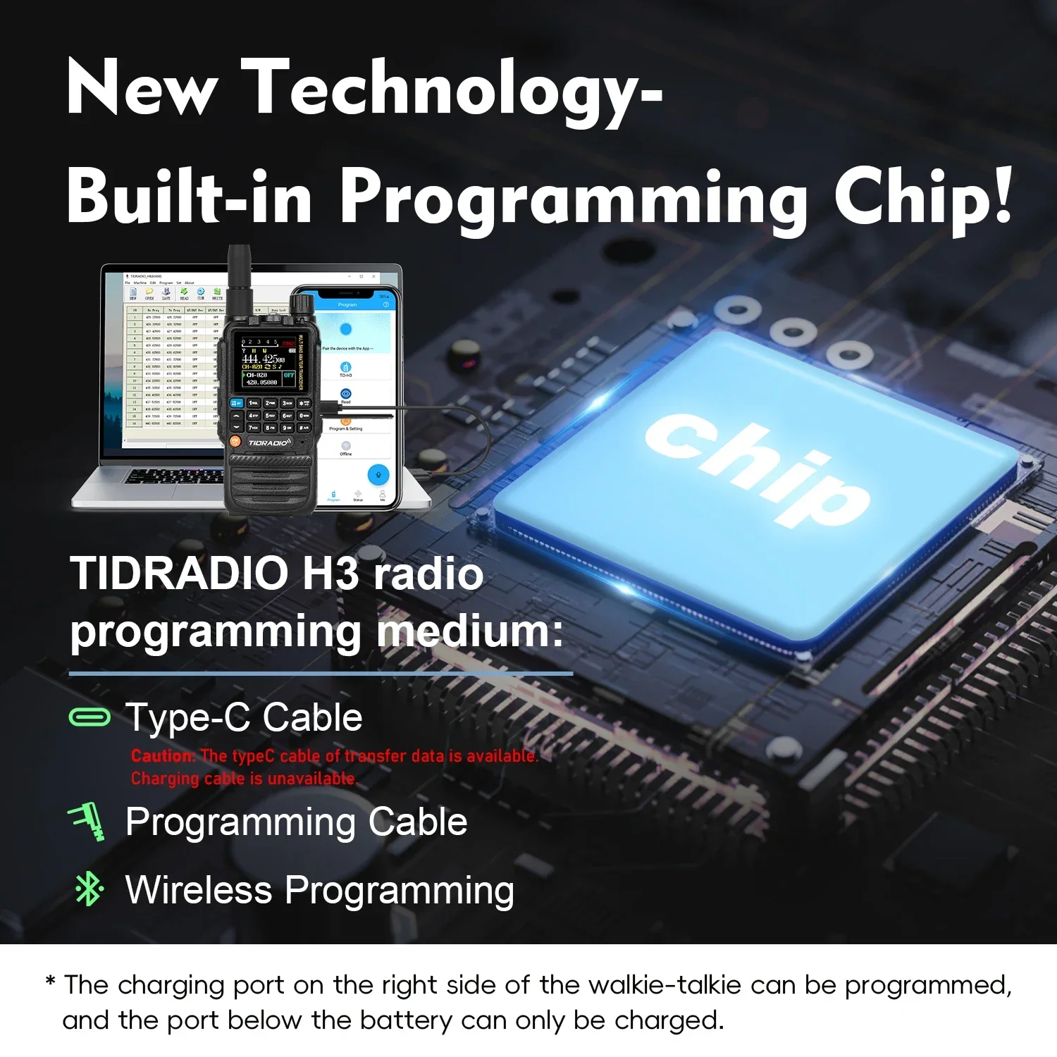 TIDRADIO H3 Walkie Talkie Aplicación de teléfono Programación inalámbrica Banda aérea Radio de largo alcance Cable USB tipo C Programación y carga