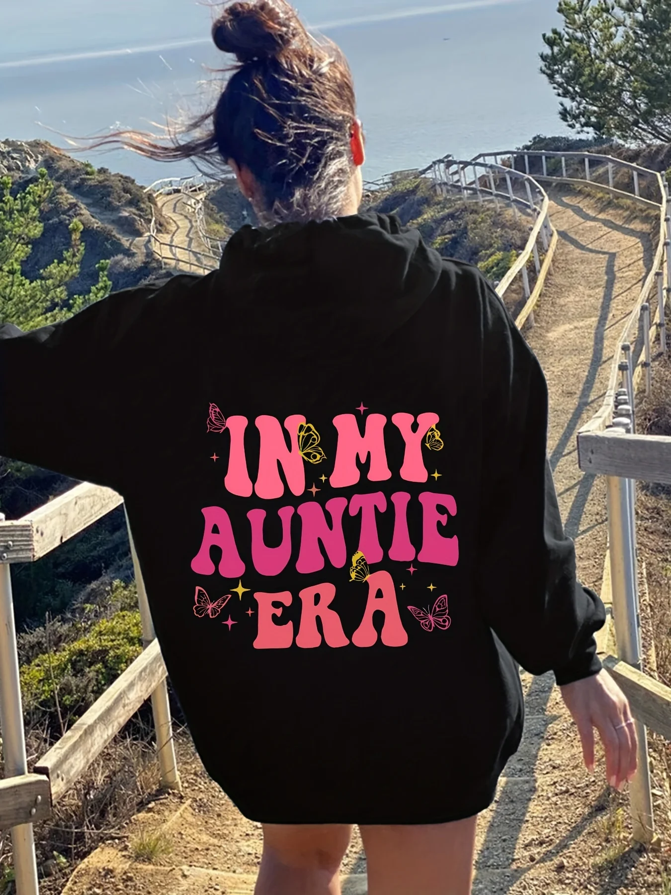 

IN MY AUNTIE ERA letter print hoodie, Long Sleeve drawstring casual hooded sweatshirt for fall & spring, women's clothing