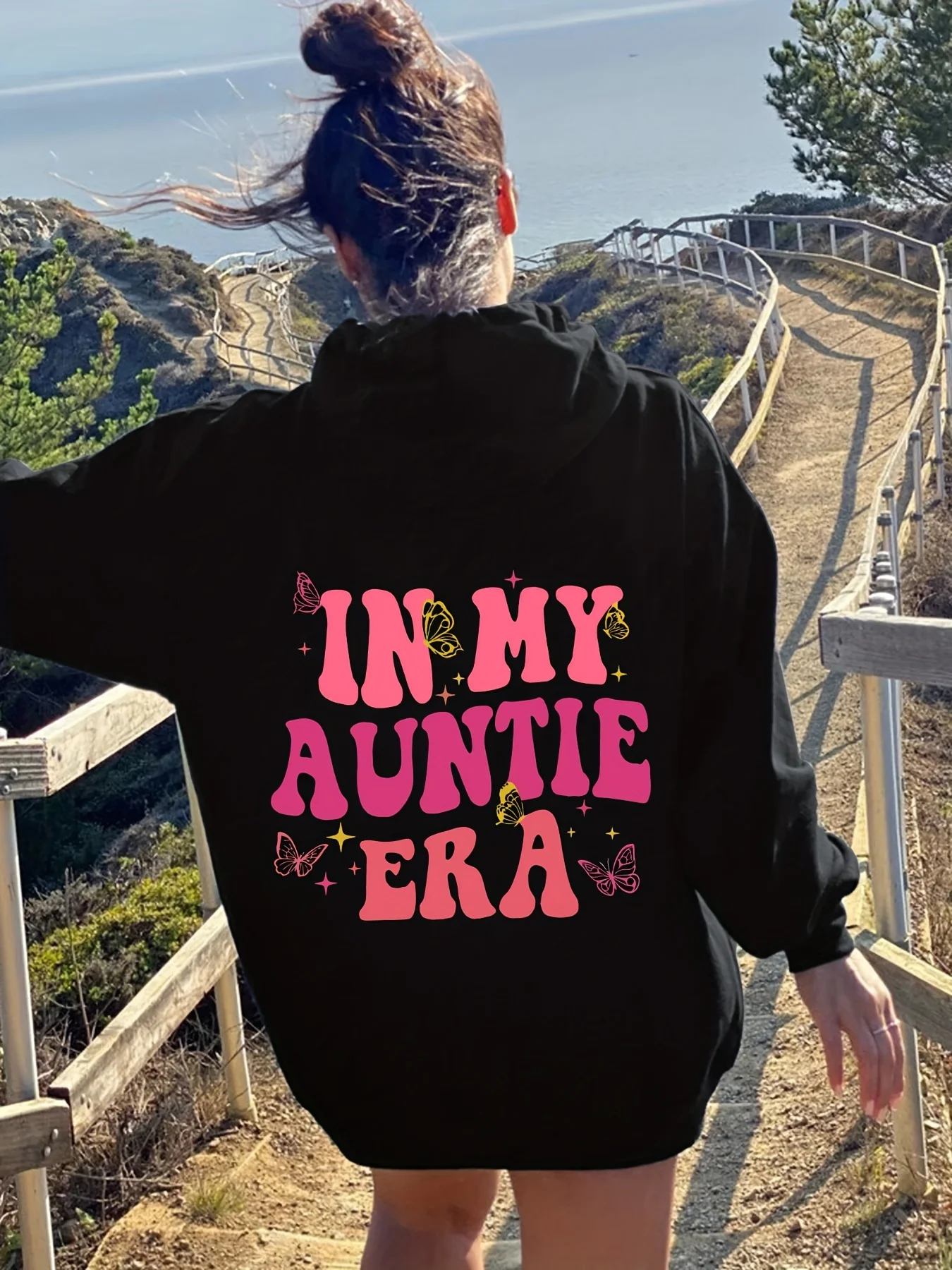 IN MY AUNTIE ERA letter print hoodie, Long Sleeve drawstring casual hooded sweatshirt for fall & spring, women's clothing