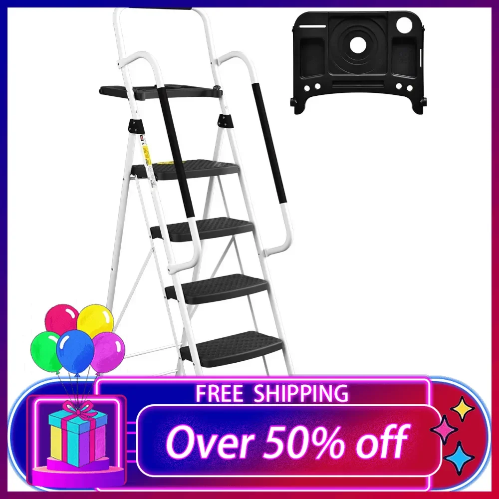 

5 Step Ladder with Handrails, Folding Step Stool with Tool Platform, Sturdy& Portable Steel Ladders, 330LBS Capacity Ladder