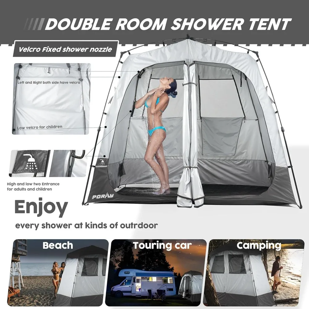 Camping Shower Tent Deluxe Changing Room Easy Set Up Privacy Shelter,Large Toilet Tent 2 Rooms with Floor Drain Design