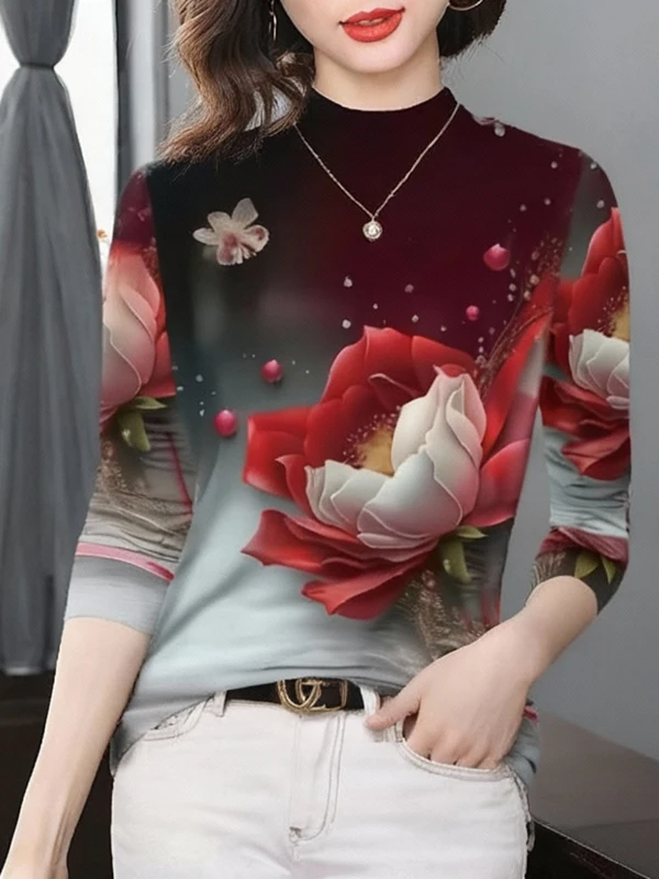 

Модная утепленная флисовая футболка с длинным рукавом и принтом, женская, для среднего возраста, из высококачественной ткани, с воротником-стойкой