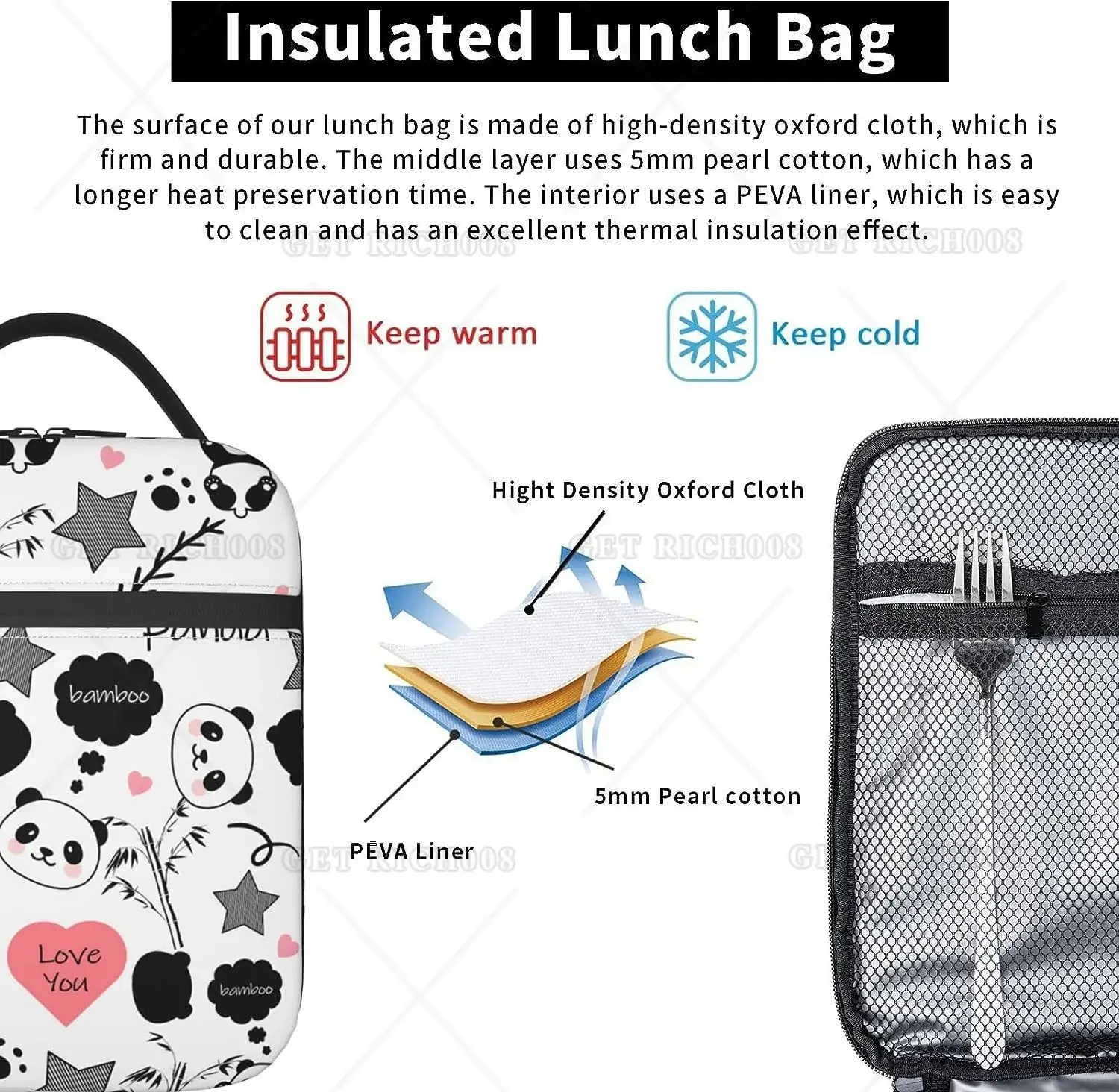 Panda Lunch Bags for Women Insulated Thermal Cute Animal Lunch Tote Bag Lunch Box with Front Pocket for Office Work Picnic