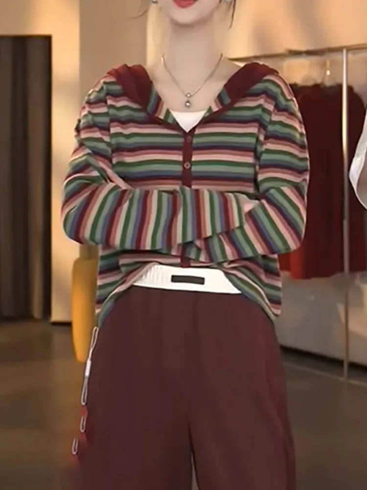 

Comfortable Knitted Open Cardigan Hoodie Long Sve Women's Casual Striped Color Blo Sle Autumn New Arrival Poetic Lin