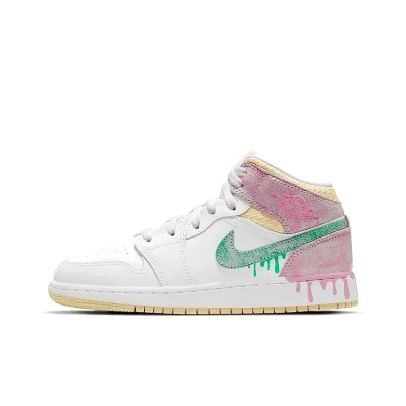 

Original Air Jordan 1 Mid 'Ice Cream'Purple and White Color GS Size For Women Retro Classic Basketball SneakersShoes DD1666-100