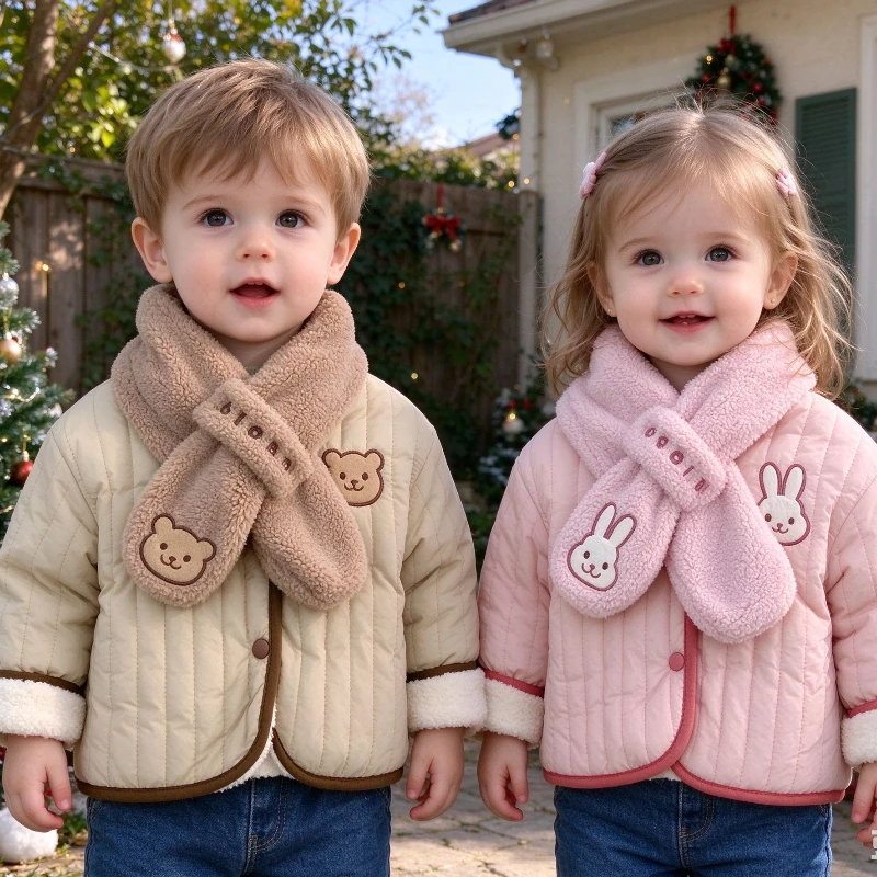 2pcs/set Kids 2026 New Reversible Padded Jacket & Scarf Set – Thick Winter Coat, Warm Outerwear for Boys & Girls