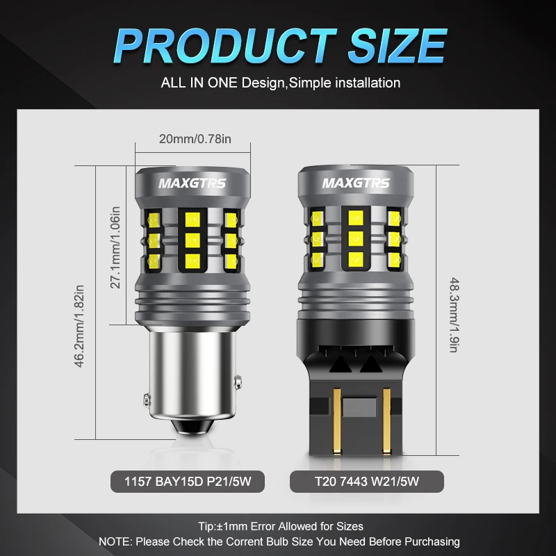 2X T20 LED Light CANBUS 1157 BAY15D P21/5W 7443 W21/5W LED Bulb No Error Daytime Running Light DRL Brake Reverse Lamp 12V view 4