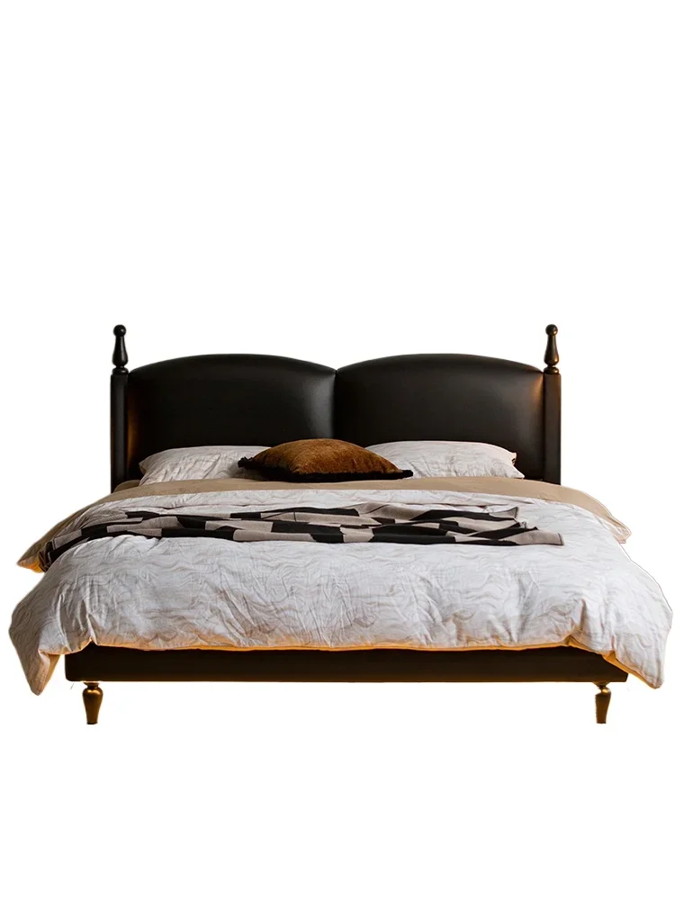 

French black bed retro, leather in the ancient style, master bedroom big soft bed