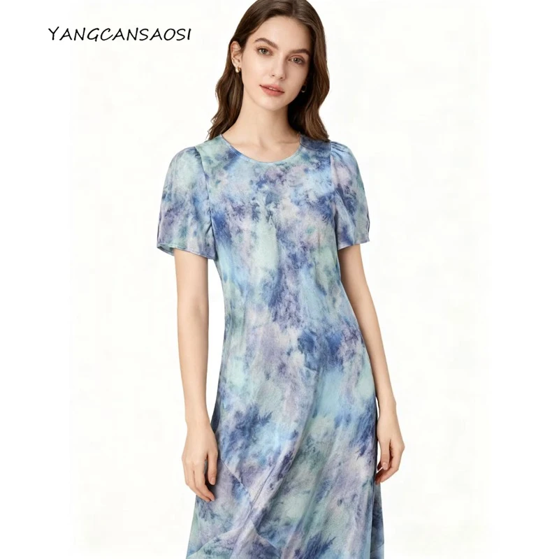 

Women's Fashion Clothing 100% Natural Mulberry Silk Crepe De Chine Dyed Print Short Sleeved French Fashionable Dress