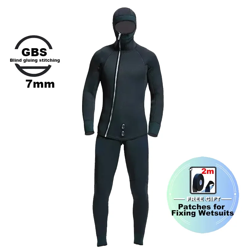 Men's 7mm Neoprene Wetsuit 2 Pieces Scauba Diving Spearfishing Suit  Wetsuits Hoodie Black,Blind Sewing Diving Suit