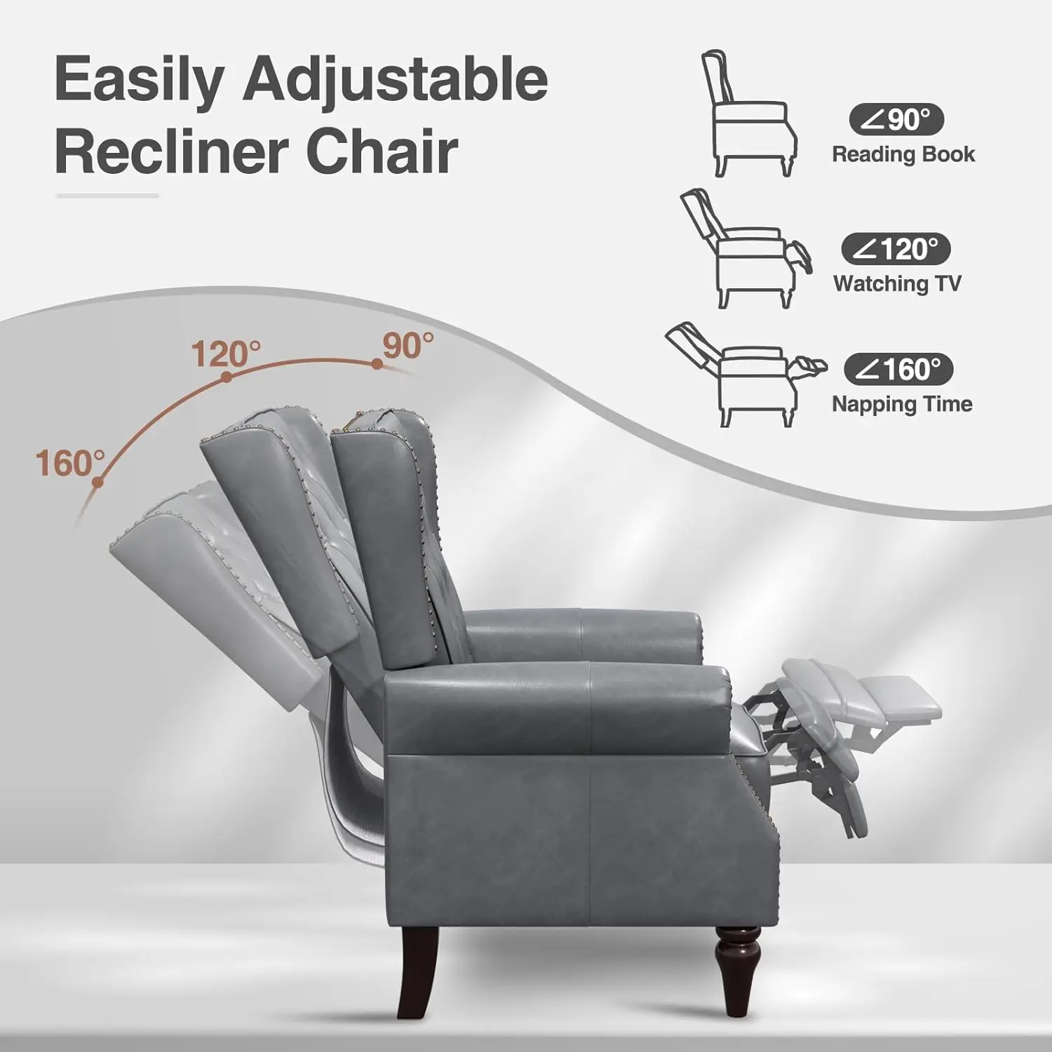 Small Recliner Chair Set Of 2, Modern Faux Leather Recliner With Tufted Buttons And Metal Rivets, Wingback Arm Chairs With