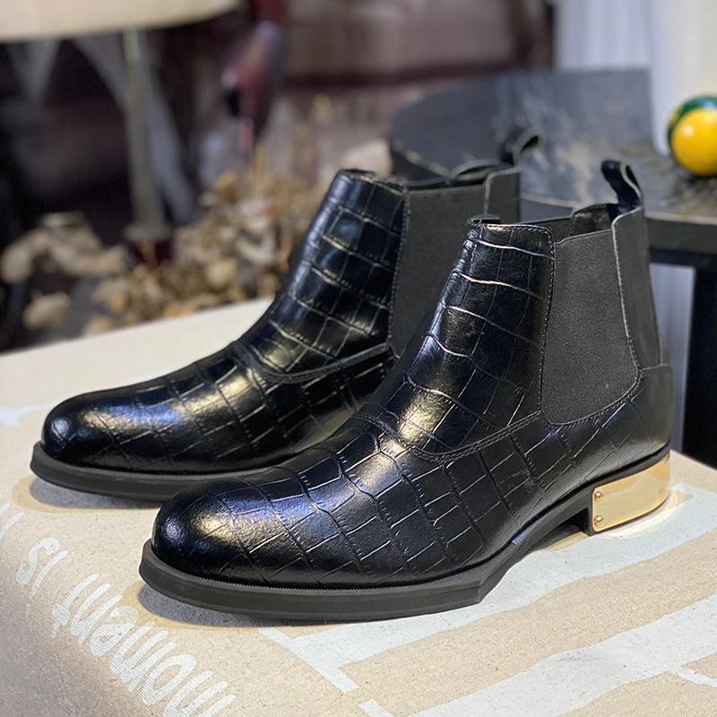 British Style Men Shoes Black Crocodile Embossed Chelsea Boots Elastic Side Panel Metal Block Heel Formal Party Ankle Boots