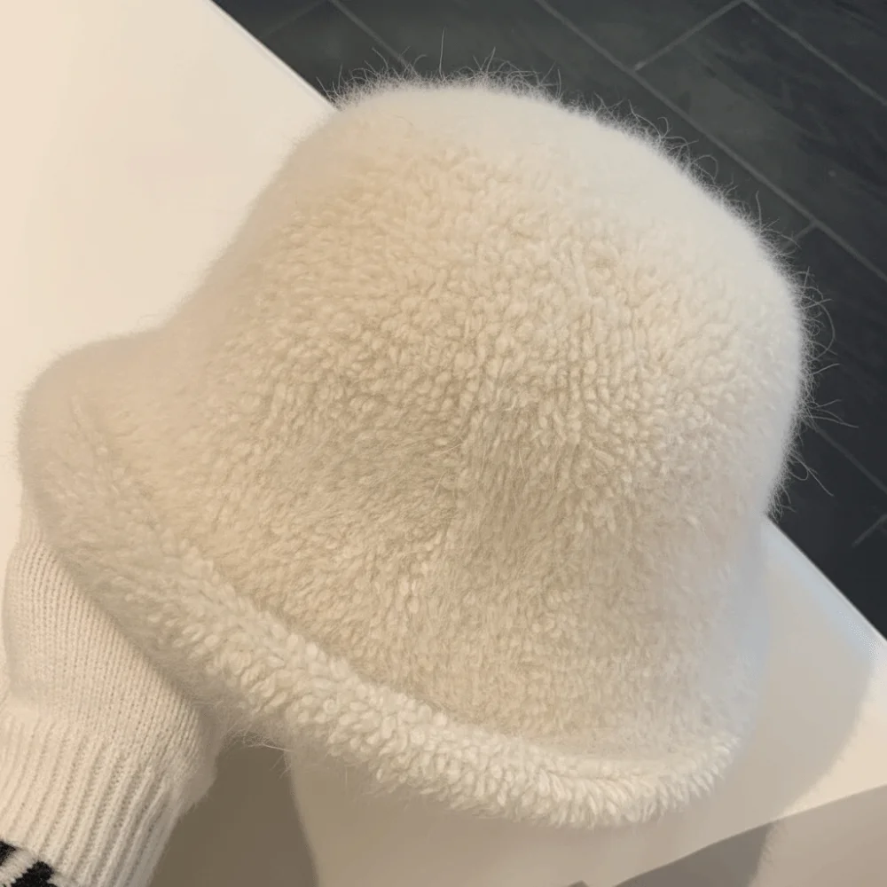Rabbit Fur Blend Warm Winter Bucket Hat Face Slimming 54cm To 59cm Fuzzy Fisherman Hat Head Circumference Polyester