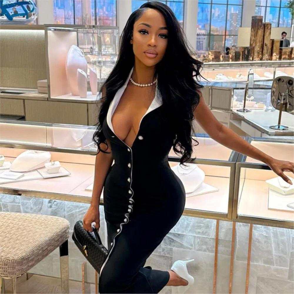 Dresses 2025 Woman Bodycon Sleeveless Slim Halter Neck Off Shoulder Vestidos V-neck Fashion Parties-party Foreign Style Contrast