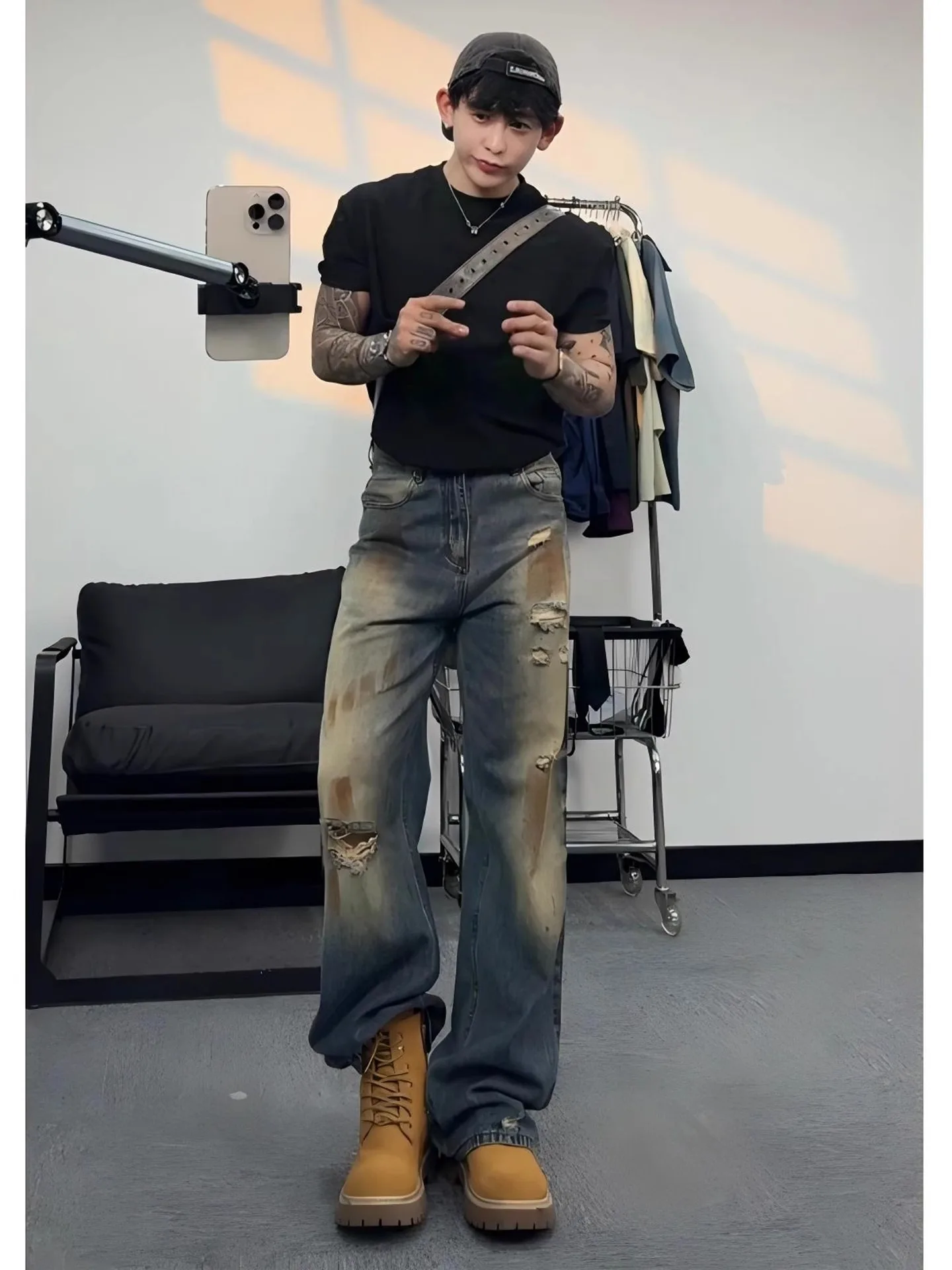 

Waed Vintage Hole Denim Jeans Men's Summer American Retro Straight Leg Loose Long Trousers Breathable Comfortable Fit Jeans