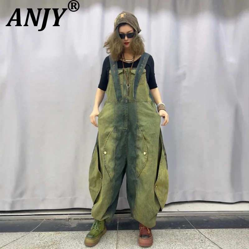 

ANJY Spring Autumn New Women High Street Fashion Spliced Multi-pocket Denim Long Overalls Trendy Distressed Stylish Jeans A19740