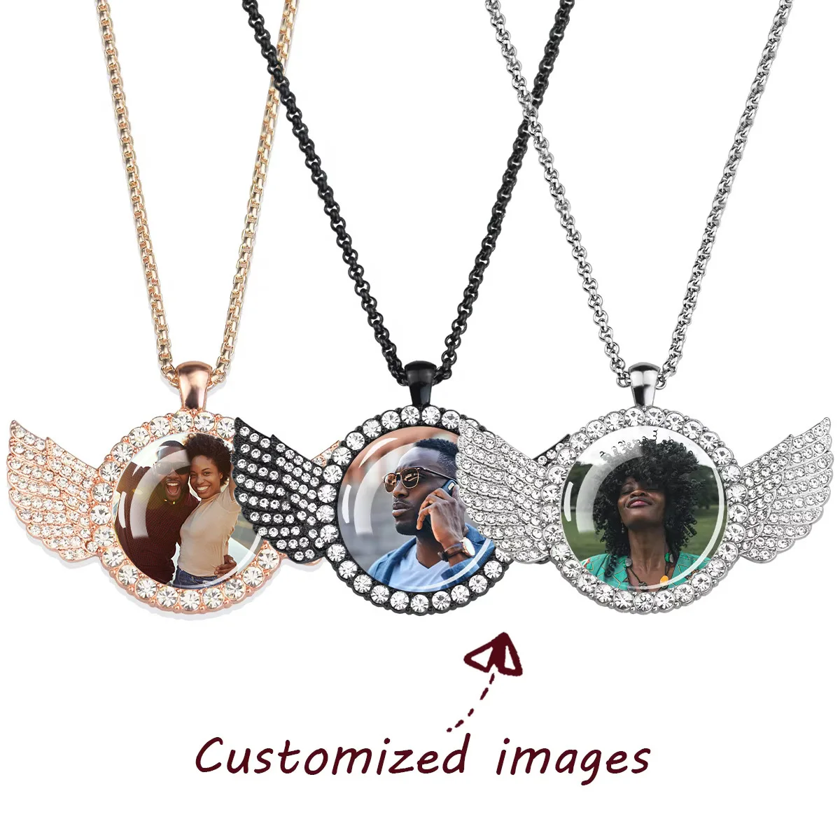 Custom Pendants Necklace DIY Customize Picture Photo Logo Angel Wing Rhinestone Glass Dome Pendant Hip Hop Rock Jewelry Gift 1PC