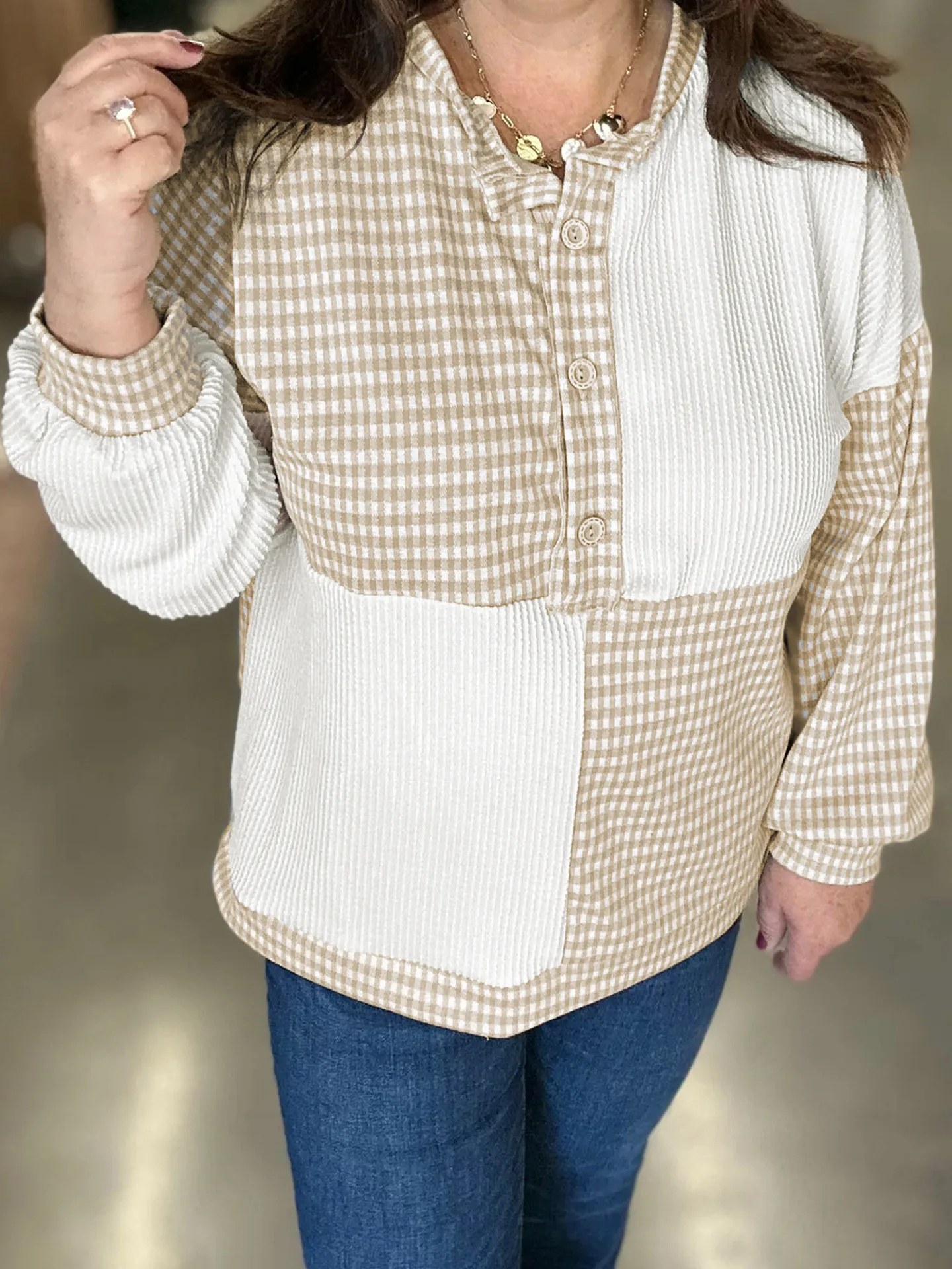 DearLover Plaid Color Block Large Size Long Sleeve Women's Shirt Loose round Neck Pullover Autumn New Style Casual Fashion