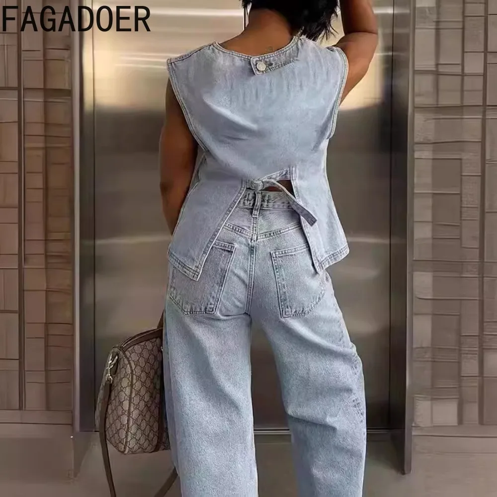 FAGADOER Blue Autumn Solid Color Denim Two Piece Sets Women Round Neck Sleeveless Loose Top And Wide Leg Pants Outfit Streetwear