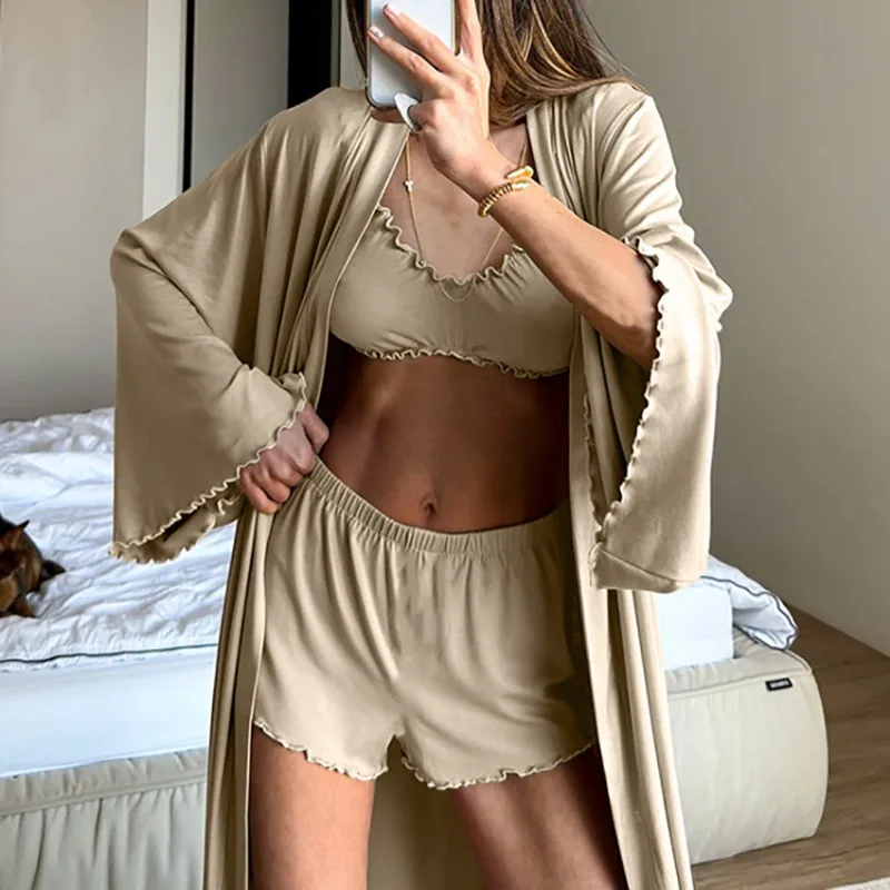 

Women's Loose Comfortable 3 Piece Knitted Pajama Set for Spring Summer Featuring Fungus Edge Suspenders Shorts Robe Long Sleeve
