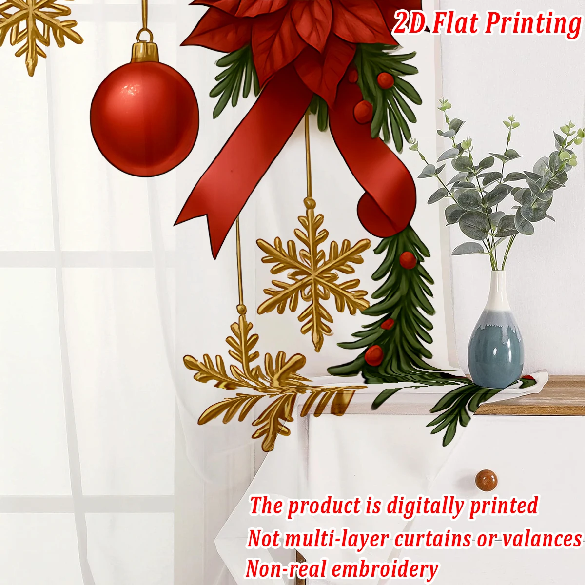 Christmas Flat Printing Sheer Curtain with Christmas Poinsettia Snowflak Pine Branch for Living Room Bedroom Decor Holiday Party