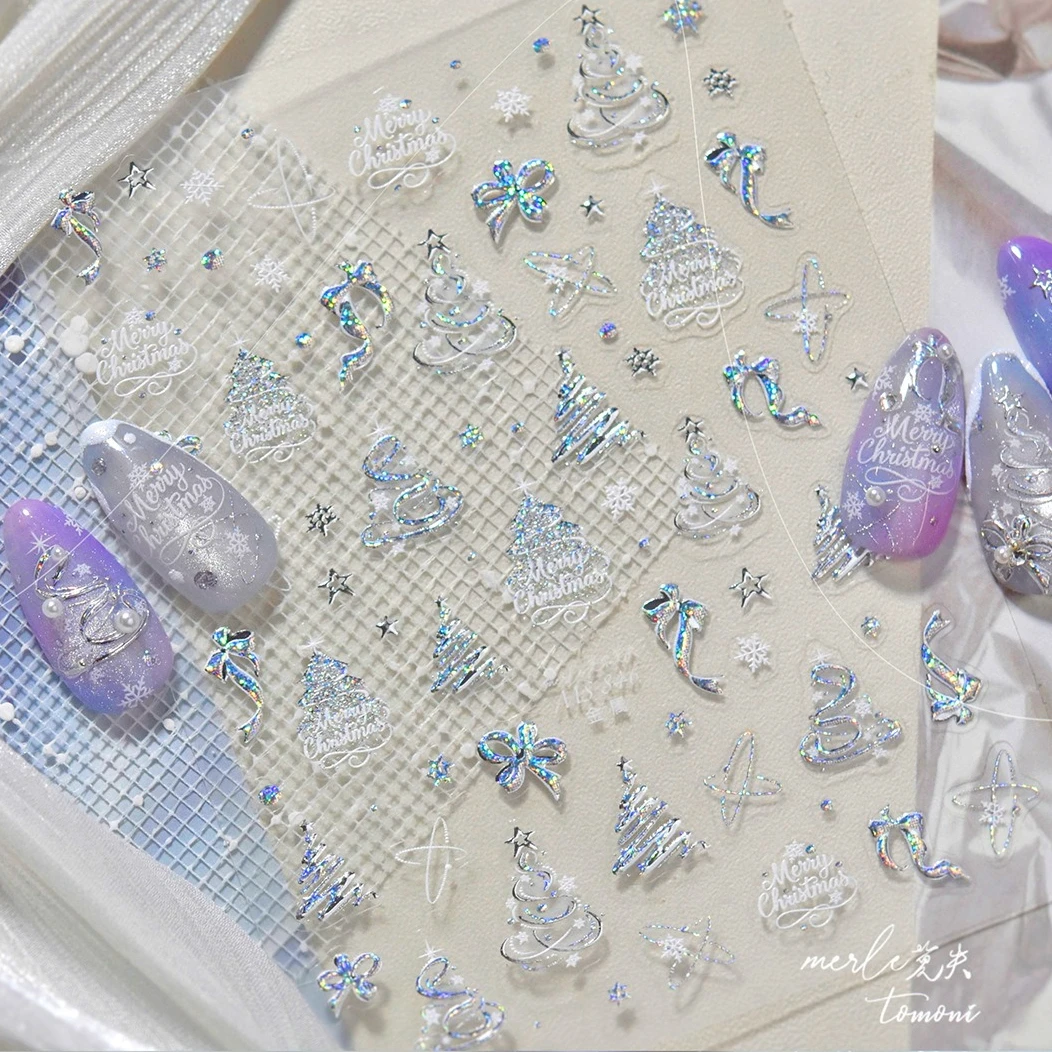 Shiny Laser Pink Silver Christmas Tree Bowknot Winter Santa Claus Snowflake Snowman Star Elk Love Heart Nail Art Stickers Decals