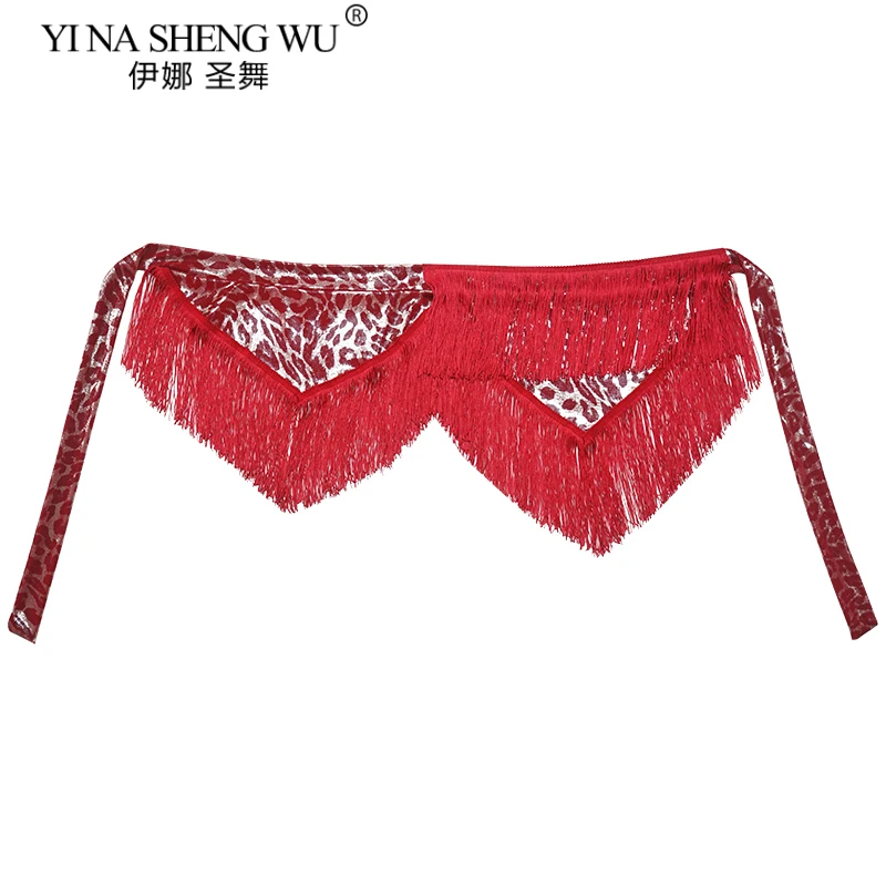 Vrouwen Buikdans Kleding Lange Fringe Onregelmatige Visnet Shimmy Riem Latin Jazz ChaCha Luipaard Print Hippe Sjaal Tie Wraps