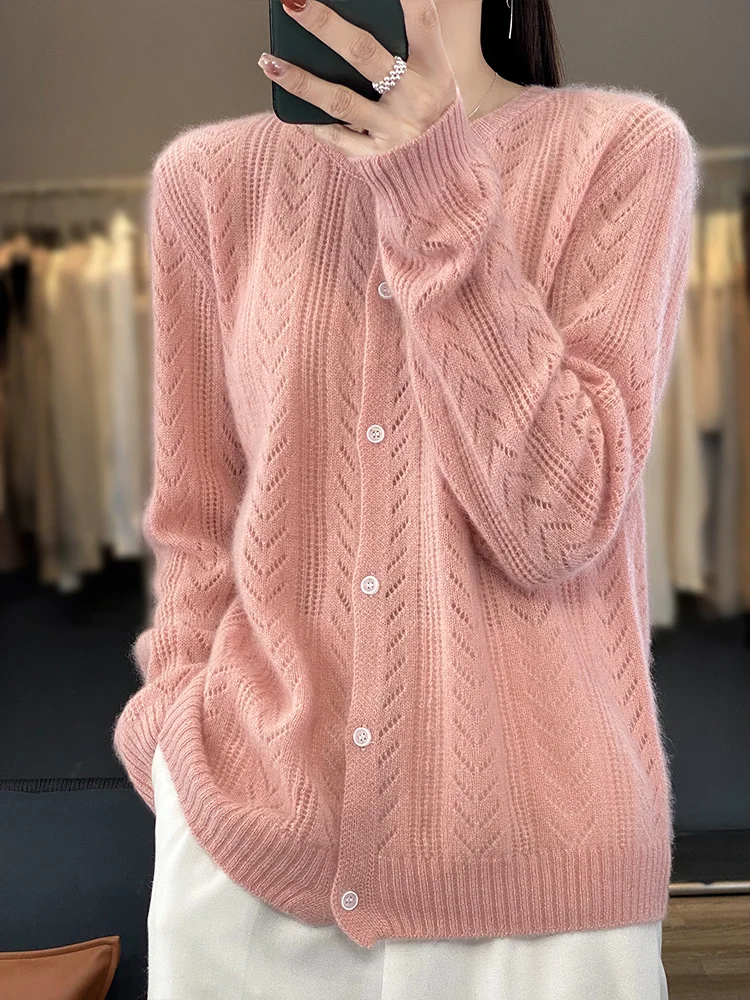Cárdigan de cuello redondo para mujer, suéter de lana merina Grace 2024, abrigo de punto de Cachemira suave hueco, ropa Popular coreana, Tops,