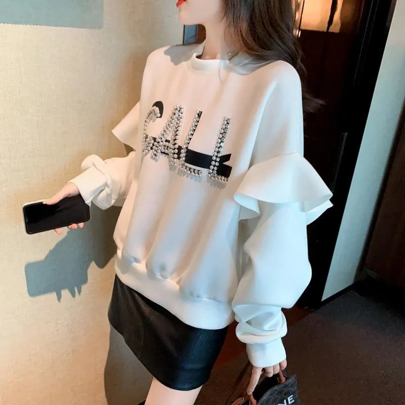 New Autumn Fashion Korean Edition Trendy Patchwork Beaded Letter Ruffle Edge Loose Versatile Western Style Women\'s Sweater