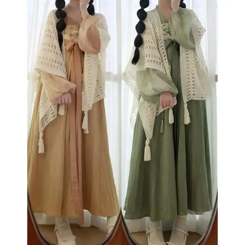 

Chinese Traditional Women Hanfu Dress Tang Dynasty Style White Shawl Green Top Rabbit Embroidered Dress Hanfu Carnival Costumes