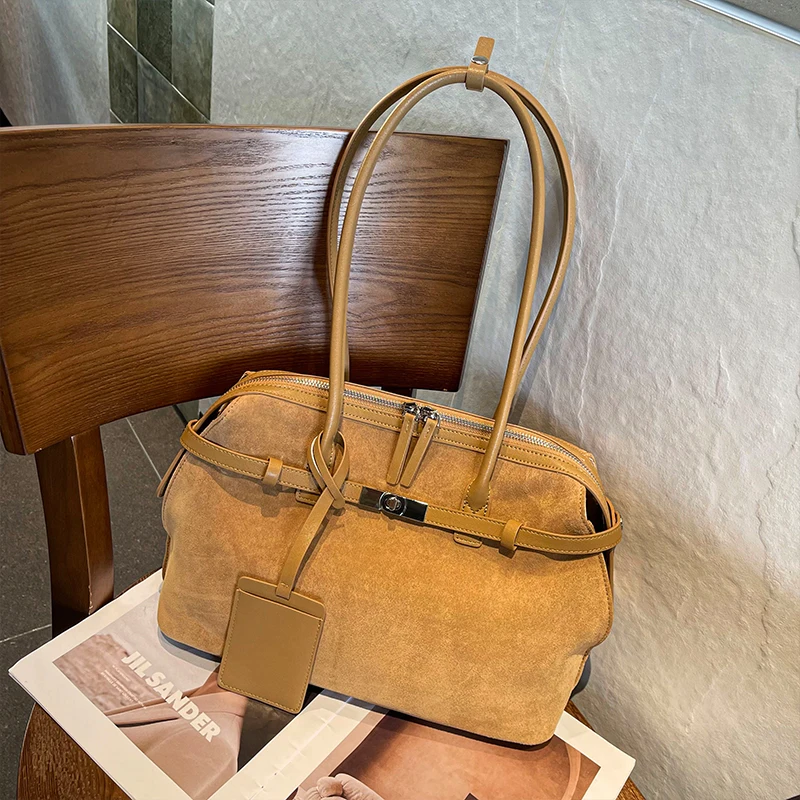 Suede Genuine Leather Woman Shoulder Bags Large Capacity Handbags Casual Tote For Ladies Luxury Design Commuter Underarm Bags