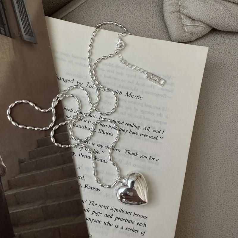 

S925 Sterling Silver French Niche Design Sense Hollow Love Long Necklace Korean Style Simple Basic Collarbone Chain