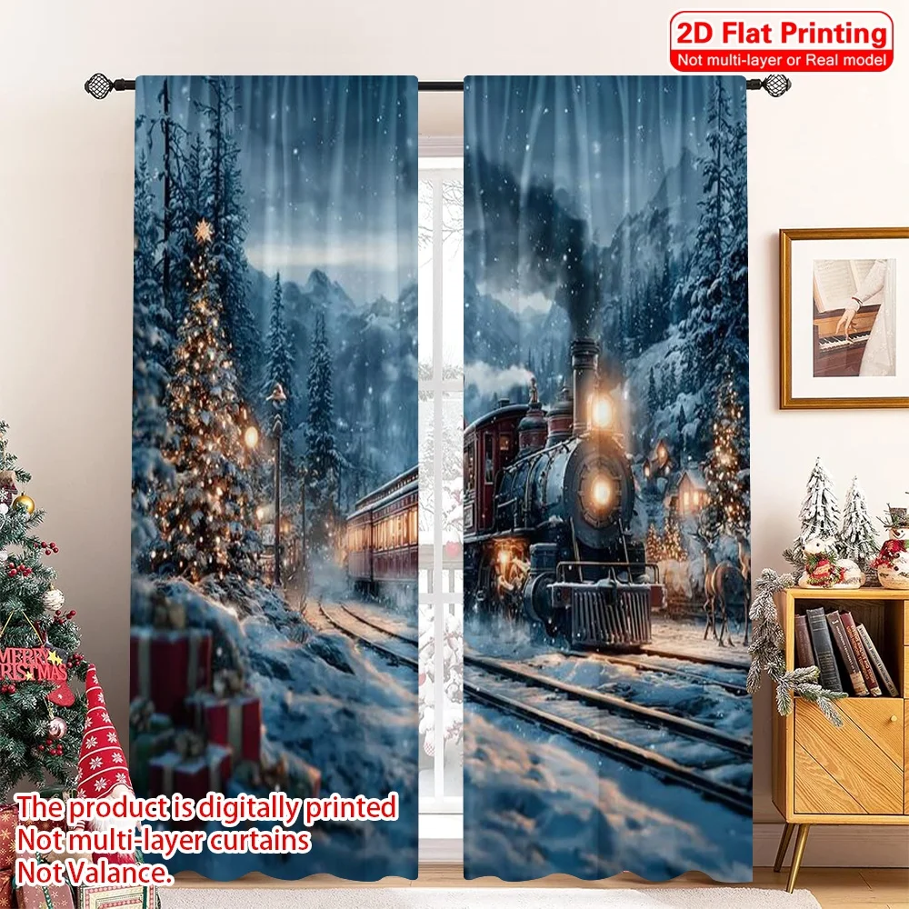 

2pcs 2D flat printing Christmas Window Drapes Christmas Train1 Versatile Durable Polyester Without Electricity Spring Party &