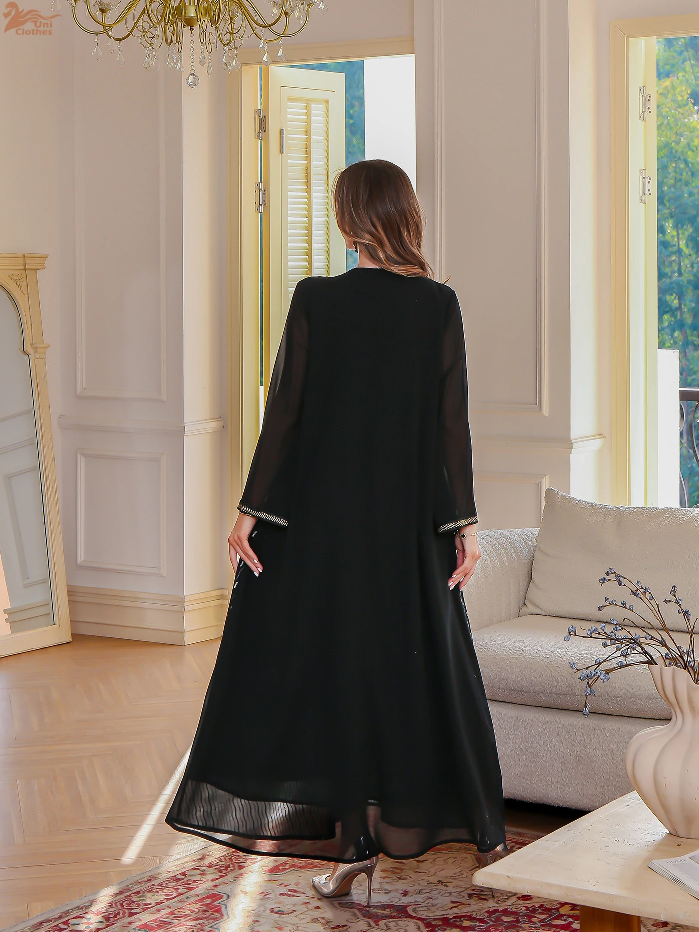 

Uni новое мусульманское платье макси с вышивкой и блестками, Дубай, элегантное женское вечернее платье с сетчатыми рукавами, 2025 г.