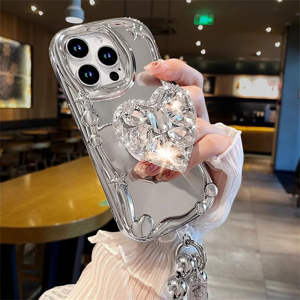 Luxury Cute 3D Diamond Heart Holder Strap Case For iPhone 15 14 13 12 Pro Max 11 Korea Y2K Star Silver Bead Chain Plating Cover