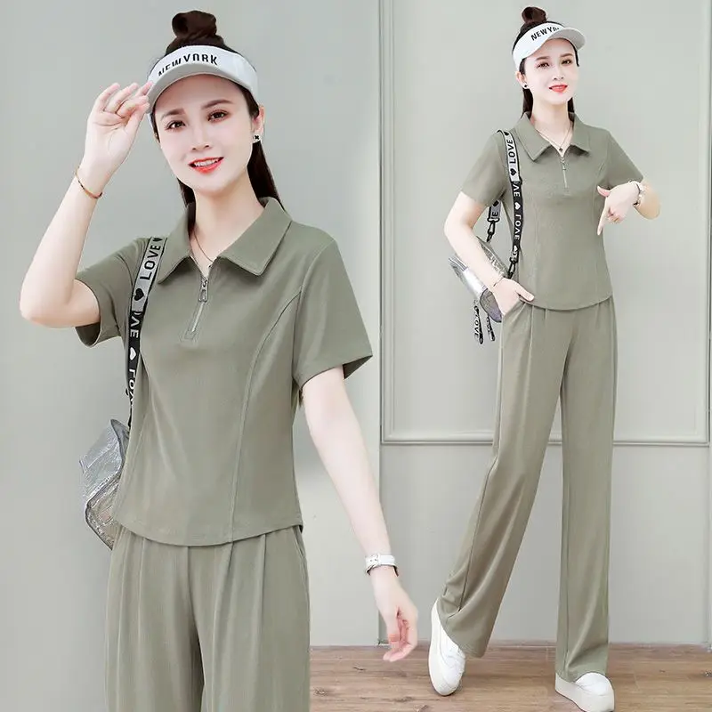 Flip Collar Fashionable Sportswear Set for Women's Summer New Versatile Korean Version Slimming Casual Wide Leg Pants Two-piece