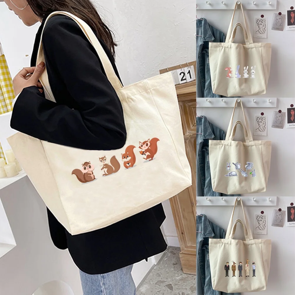 

Women Shopping Bags Canvas Cartoon Printed Student Shopper Shoulder Bag Eco-Friendly Handbag Reusable Foldable Eco Grocery Tote