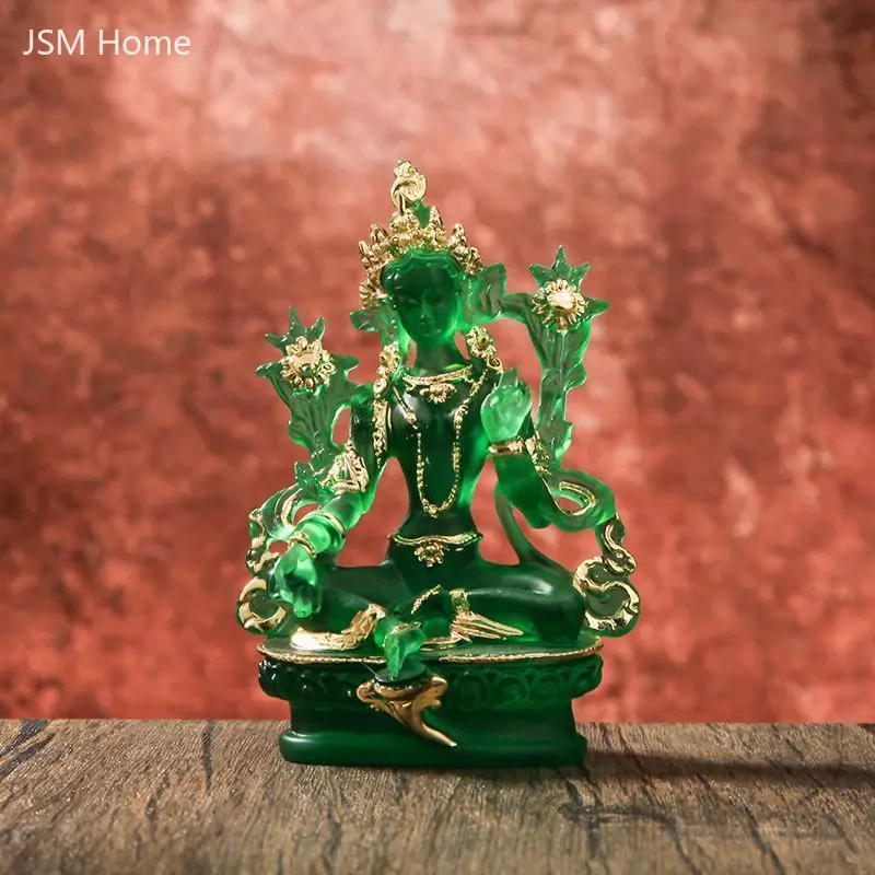 Green Buddha Statue Bodhisattva Goddess of Mercy Water Glaze Resin Household Offerings Tantric Desktop Ornaments