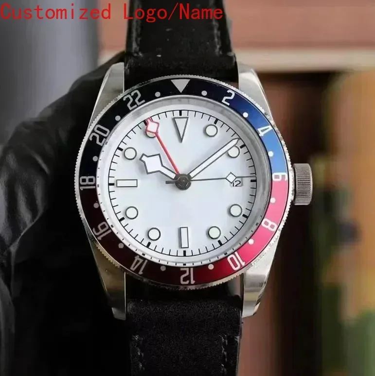 

Automatic Mechanical Watch Men GMT Luminous Stainless Steel Black White dial Leather Ceramic Sapphire Watches Customized