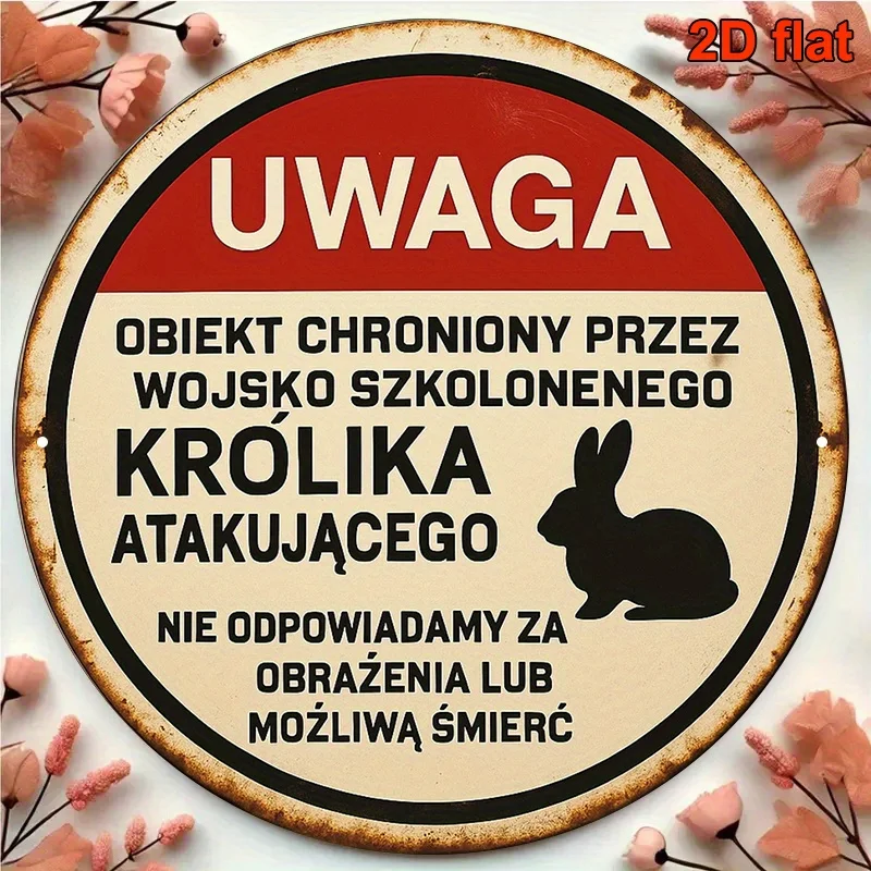 مسطح ثنائي الأبعاد، قطعة واحدة من علامة تحذير اللغة البولندية المستديرة مقاس 8 بوصات - "أرنب الهجوم المدرب" (UWAGA: Atakujacy Krolik) مع الألمانية