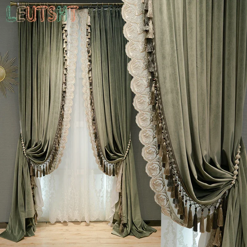 

American Retro Green Curtains French Velvet Thickened European Living Room Bedroom Light Luxury Villa Floor-to-ceiling Windows