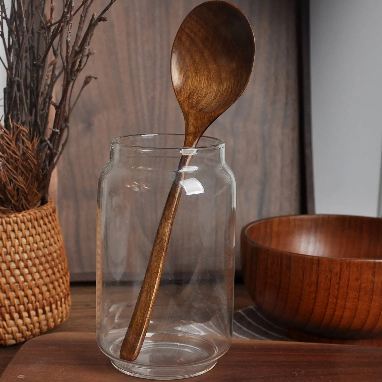Set di 2 cucchiai da minestra in legno artigianale in stile cinese Vintage, per cena, dessert per insalata, snack, riso, zuppa, frutta