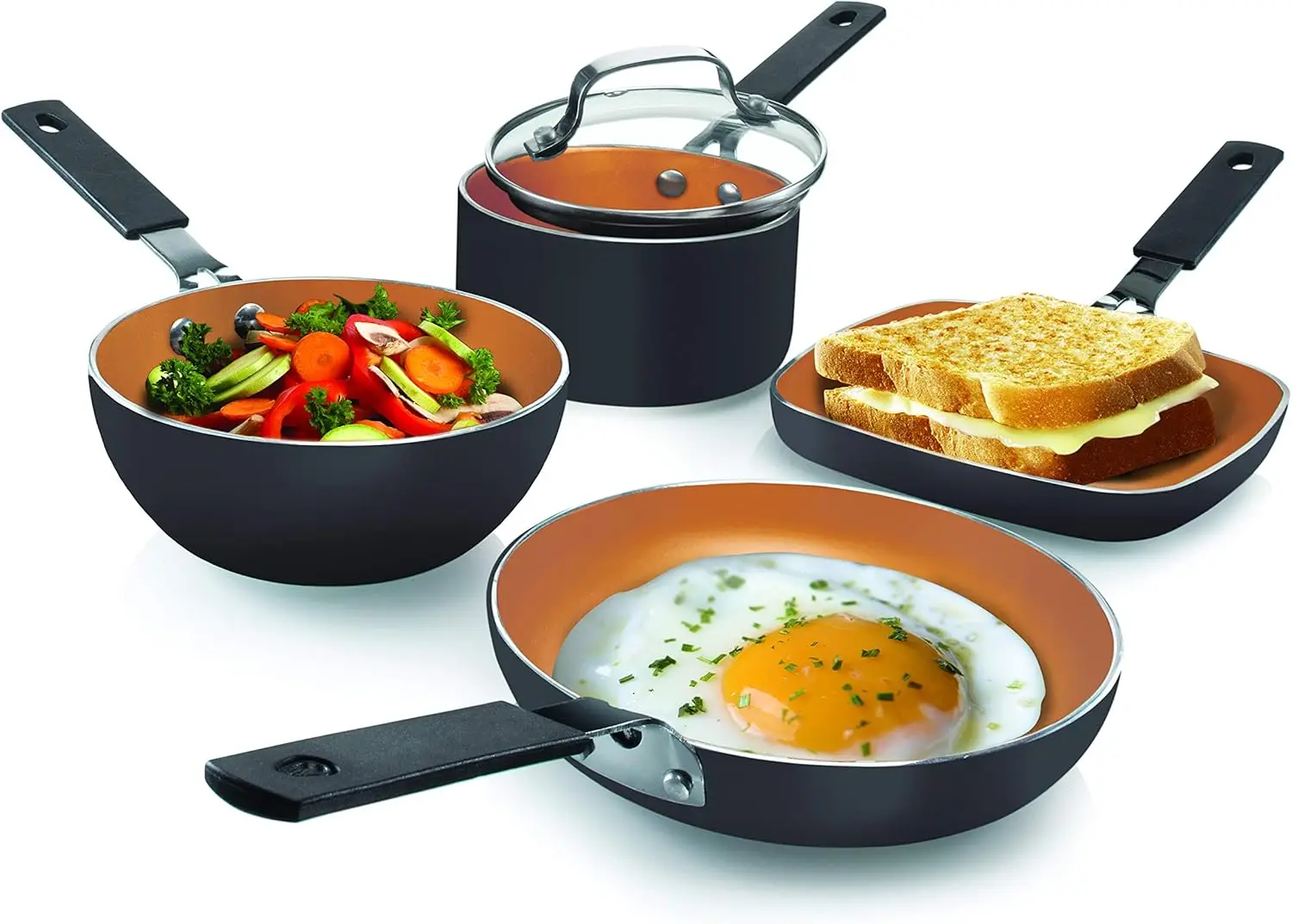 

Mini Stackmaster 5-Piece Nonstick Cookware Set – Fry Pan, Sauce Pan, Wok, Grill, Nesting Design, Dishwasher Safe, Black