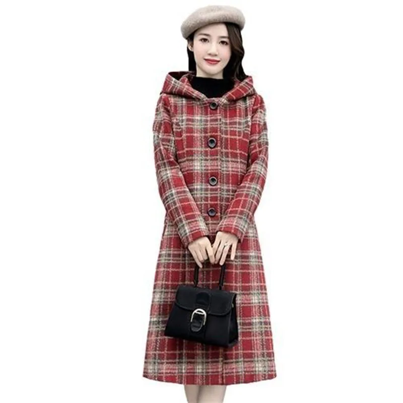 

Fashion Hooded Plaid Woolen Thick Coat Women's Autumn And Winter Long 2023 New Korean Version Of Slim And Warm Woolen Coat Women