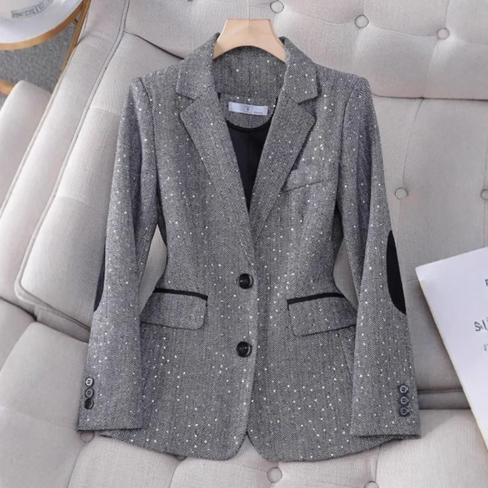 Women Sequin Houndstooth Blazer Korean Style Short Lapel Button Down Slim Fit Soft Breathable Flattering Daily Office Comfy New