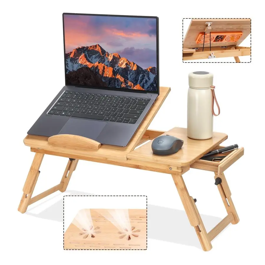 

Bamboo Laptop Desk with Cooling Fan, Foldable Bed Tray for Breakfast, Writing, and Drawing, with Tilting Top and Drawer, Portabl